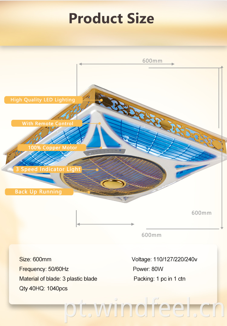 Ventilador de teto para banheiro Ventilador elétrico com luz LED de 3 cores